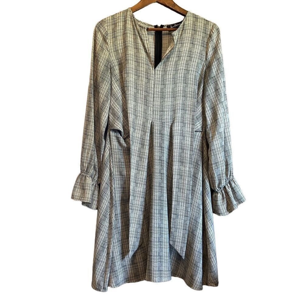 Plaid Long Sleeve V Neck Ruffle Cuff Dress Casual Career